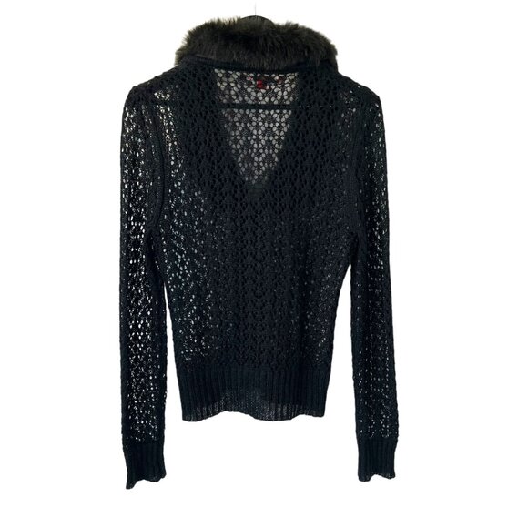 Vintage 90s Black Crochet Faux Fur Trim Ramie Mohair Blend Button Up Cardigan La - Picture 3 of 8